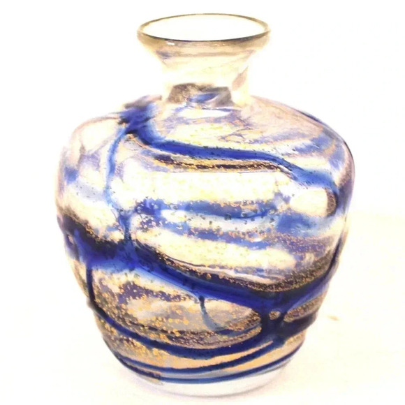 Vintage Small Mini Blue Swirl With Gold Specks Single Flower Vase - Picture 1 of 3